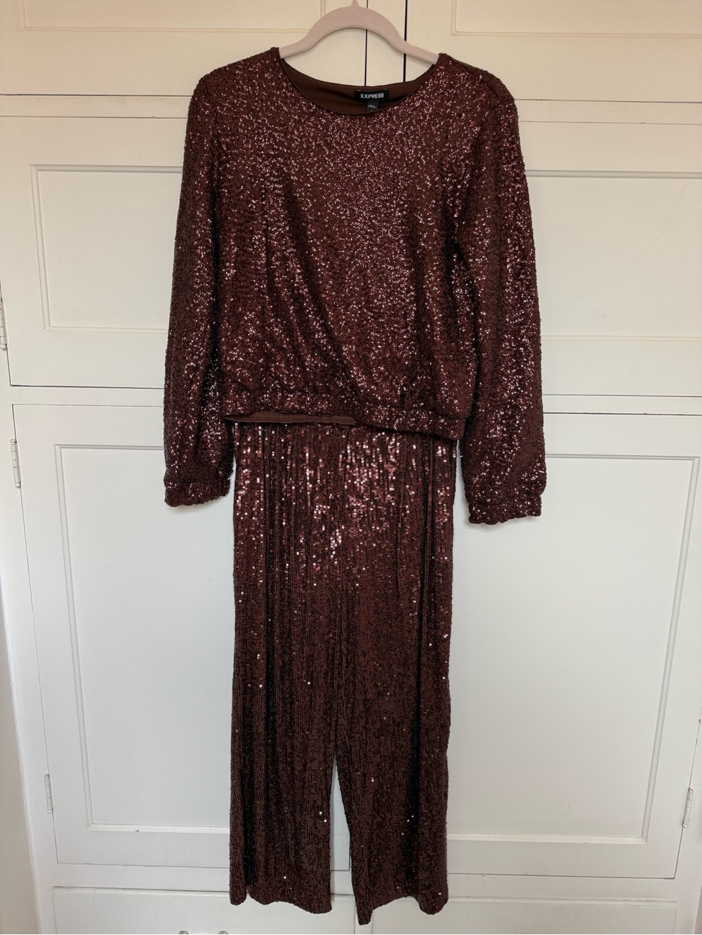EXPRESS Copper Brown Shimmering Sequin Matching Top & Cropped Pants Set
